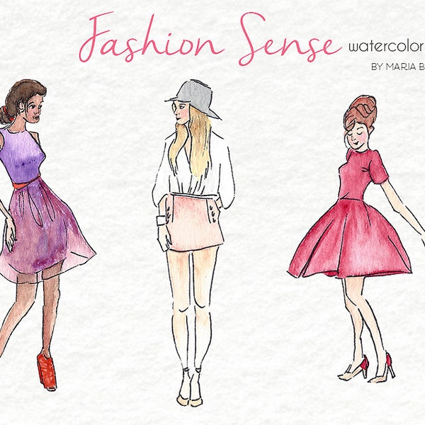 Aquarell ClipArt - Fashion Sense, Fashionista, Chic, Cool, Modi, Modell, Kleidung, Stil, Metro, edel, lässig, BONUS Geschenkanhänger