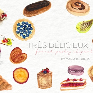 Aquarel Clip Art Frans gebak-persoonlijk gebruik- Instant Download- Snoep- Treat- Bakery- Patisserie- Tarte- crème brulee- éclair- macaron