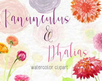 Watercolor Clip Art - Flowers- Personal Use- Instant Download- Dahlias- Ranunculus- Spring- Summer- Pretty- Beautiful- Colorful- Fragrant