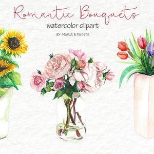 Watercolor Clip Art - Bouquets, Romantic, Flowers, Sunflowers, Peonies, Tulips, BONUS Card, Love, Nature, Pretty, Bridal, Mother, Friend