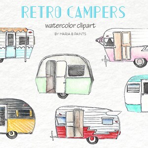 Clipart de aquarela - campistas retrô, trailer, veículo recreativo, vintage, acampamento, verão, acampamento, viagem, família, diversão, amigos, cartão de bônus