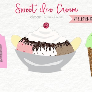 May include: A set of three ice cream illustrations. A pink popsicle, a green ice cream cone with a cherry on top, and a bowl of ice cream with whipped cream, chocolate sauce, and a cherry on top.