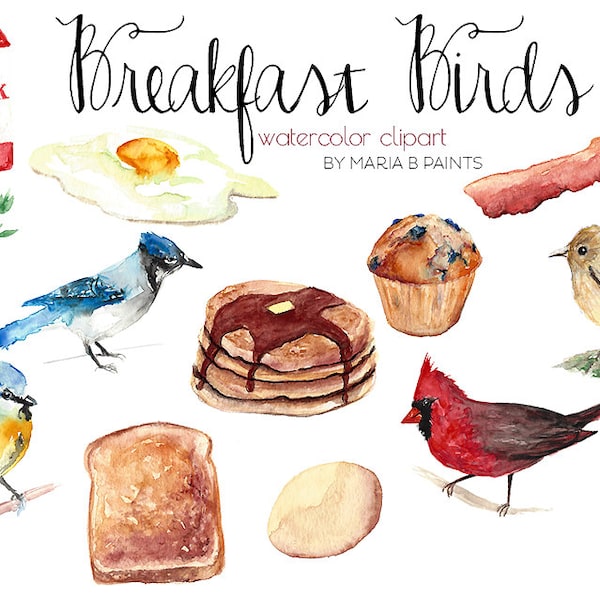 Watercolor Clip Art - Early Birds - Breakfast Foods - Instant Download - Song Bird - Bacon - Pancakes - Orange Juice - Cardinal - Blue Jay