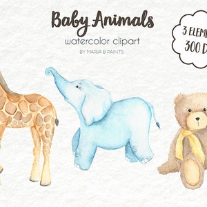 Watercolor Clip Art - Animals, Baby, Giraffe, Elephant, Bear, Zoo, Circus, Teddy, Baby Shower, Nursery, Instant Download, Infant, Cute