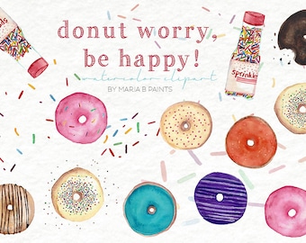 Watercolor Clip Art - Donuts-Personal Use-Sweets-Doughnuts-Yummy-Sprinkles-Baked Goods-Bakery-Frosting-Glazed-Sugar-Coffee-Fun-Colorful