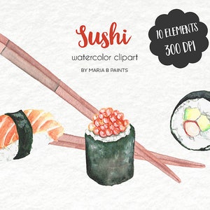 Clipart de sushi, clipart japonês, clipart de pauzinhos, clipart de sushi, clipart do Japão, clipart de comida, clipart de comida em aquarela, rolo da Califórnia