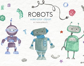Hand Painted Watercolor Clip Art - Robots, Personal Use, Instant Download, Nuts, Bolts, Screws, Plug, Gears, Spring, Stars, Blocks, Bots