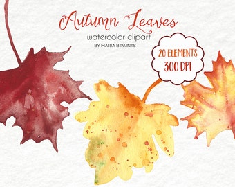 Watercolor Clip Art - Fall Leaves- Personal Use- Instant Downlaod- Maple- Colorful- Weather- Autumn- Trees- Red- Orange- Yellow- Brown