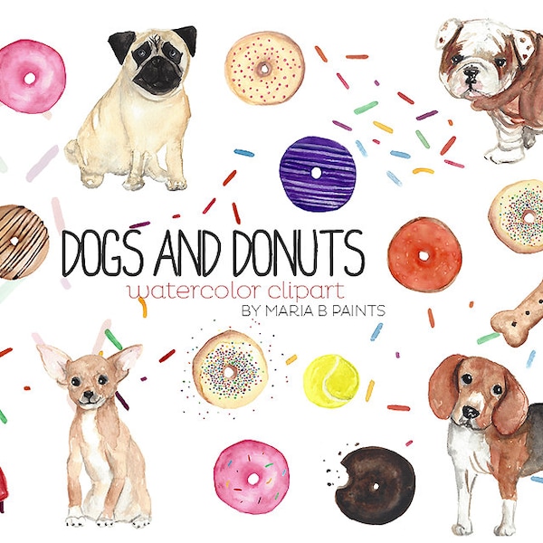 Dog Clip Art, Donut Clipart, Watercolor Dogs Clipart, Beagle Clipart, Pug Clipart, Sprinkles Clipart, Bulldog Clip Art, Pets Clipart