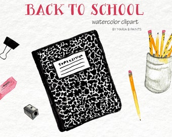 Watercolor Clip Art - Back to School - School Supplies- Personal Use- Instant Download- Chalkboard- Notebook- Books- Bus- Book bag- Pencil