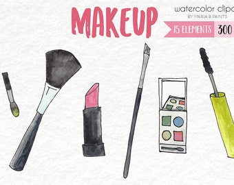 Makeup Clipart - Watercolor Make up-Personal Use- Instant Download- Blush- Nail Polish- Eyeliner- Lipstick- Mirror- Mascara - Lip Gloss
