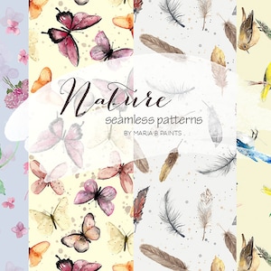 Aquarell nahtlose Muster - Natur, Blumen, Schmetterlinge, Federn, Vögel, Hortensie, Fliegen, Elegant, Kardinal, Blue Jay, Song Bird, hübsch