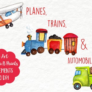 Watercolor Clip Art - Planes, Trains, Automobiles, Trucks, Airplane, Boat, Vehicles, Instant Download, Travel, Design, Child, Nursery, Decor