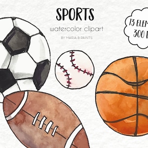 Sport Equipment Watercolor Clipart Ball, Helmet, Baseball, Soccer, Birdie, Tennis Ball, Golf, Basketball, Football, Volleyball, Hockey