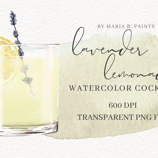 Lavender Lemonade Cocktail Watercolor Clipart Drink Illustration, Wedding Bar, Classic Drink, Watercolor Cocktail, Yellow Lemon Drink