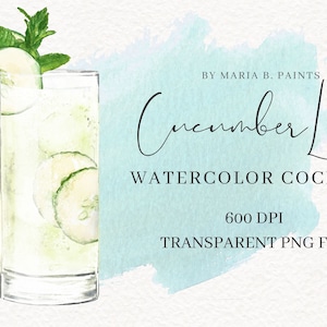 Tall Cucumber Lime Cocktail Watercolor Clipart Sublimation, Drink Illustration, Wedding Bar, Classic Drink, Watercolor Cocktail, Vodka Fizz