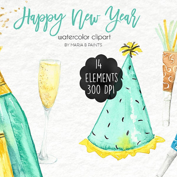 Watercolor Clip Art - New Year - Personal Use - Holiday - Happy - Party - Champagne - Time - Resolutions - New Year's Eve