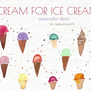 Watercolor Clip Art - Ice Cream Cone-Personal Use-Frozen-Delicious- Summer-Treat-Colorful-Yummy-Waffle Cone- Cold-Refresh-Instant Download