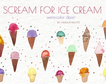 Watercolor Clip Art - Ice Cream Cone-Personal Use-Frozen-Delicious- Summer-Treat-Colorful-Yummy-Waffle Cone- Cold-Refresh-Instant Download