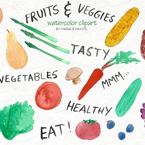 Watercolor Clip Art - Fruit, Vegetables, Veggies, Fresh, Garden, Peach, Apple, Strawberry, Pear, Squash, Cucumber, Grapes, Tomato, Instant