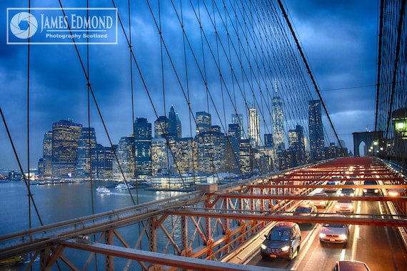New York Digital Download, Brooklyn Bridge, New York Landscape, fine Art Photography, New York Print, CIty Photography, Cars, Motors, Yellow