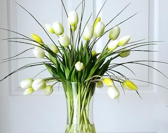 White Real Touch Flowers Centerpiece-White Tulips Spring Table Arrangement-Real Touch Tulips-White Tulips Table Centerpiece-Spring Tulips