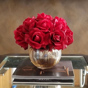 Red Roses Floral Arrangement in gold vase-Real Touch Flowers Centerpiece for Table-Red Roses Centerpiece-Red Flowers Faux Arrangement
