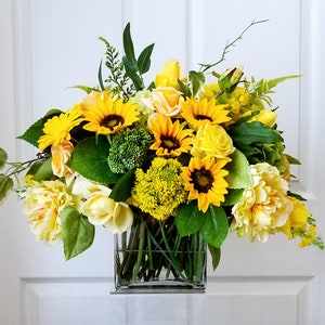 Yellow Real Touch Centerpiece-Artificial Flowers-Roses &Sunflower Flowers Centerpiece-Real Touch Flowers Autumn Arrangement-Fall Centerpiece