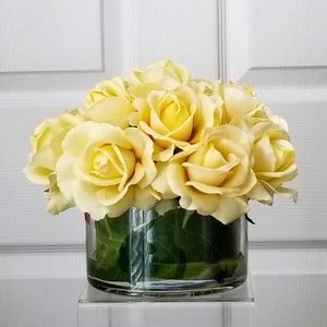 Yellow Real Touch Flower Arrangement-Yellow Rose Arrangement-Yellow Arrangement in Glass Container-Silk Yellow Flowers-Faux Centerpiece