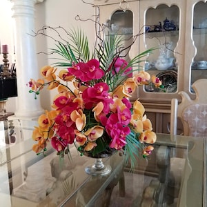 Real Touch 0range/Magenta Orchid Arrangement  in Glass Vase-Orange Orchid Centerpiece;Flower Arrangement-Faux Orchids for Hotel, Spa, Office