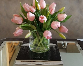 Pink Real Touch Flowers Centerpiece-Pink Tulips Spring Table Arrangement-Real Touch Tulips-Pink Tulips Table Centerpiece-Spring Tulips