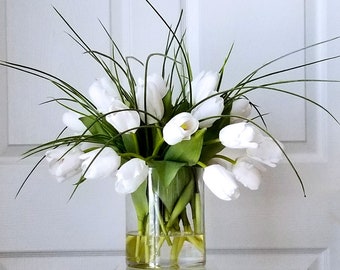 White Real Touch Flowers Centerpiece-White Tulips Spring Table Arrangement-Real Touch Tulips-White Tulips Table Centerpiece-Spring Tulips