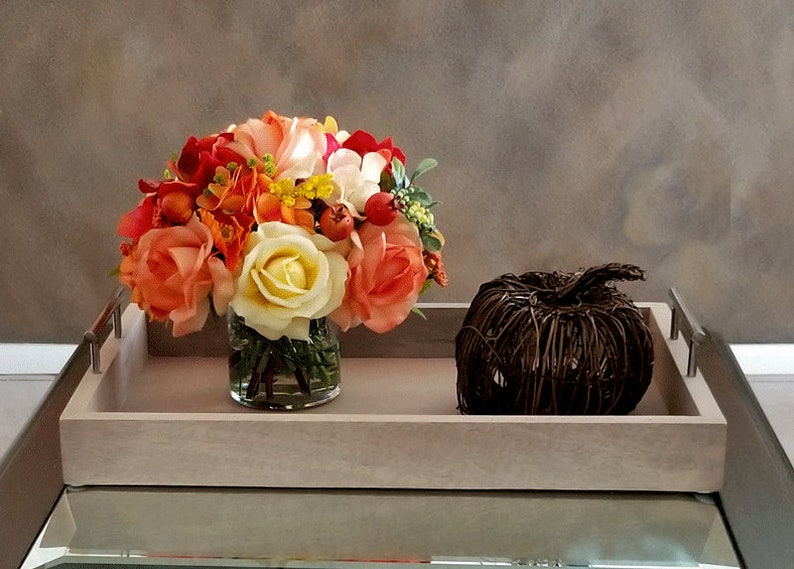 Fall Silk Flowers Centerpiece-Artificial Flowers-Thanksgiving Flowers Centerpiece-Faux Autumn Arrangement-Orange/Yellow Flowers Centerpiece image 2