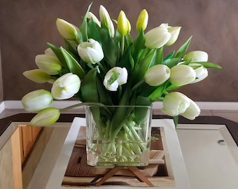 White Real Touch Flowers Centerpiece-White Tulips Spring Table Arrangement-Real Touch Tulips-White Tulips Table Centerpiece-Spring Tulips