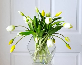 White Real Touch Flowers Centerpiece-White Tulips Spring Table Arrangement-Real Touch Tulips-White Tulips Table Centerpiece-Spring Tulips