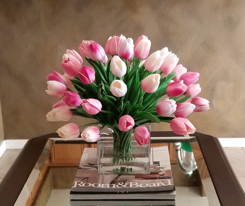 Faux Pink Tulips Arrangement in Square Glass Containerreal Etsy