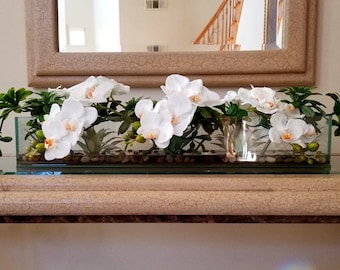 Real Touch White Orchid Arrangement in Glass Vase-White Orchid Centerpiece Flower Arrangement-Faux Orchids for Dining Table Hotel Spa Office