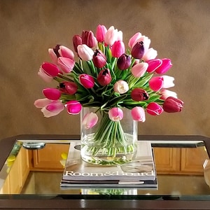 Real Touch Flowers Centerpiece-Faux Floral Arrangement- Arrangement-Silk faux arrangement -Fake flowers-Pink tulips-Real Touch Tulips