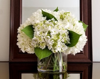 Premium White and White/Green Silk Hydrangea Flowers Centerpiece in Glass Container-Hydrangea Table Arrangement-Silk Centerpiece
