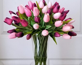 Pink Real Touch Flowers Tulips-Tulips Spring Table Arrangement-Pink Real Touch Tulips-Silk Flowers Tulips Table Centerpiece