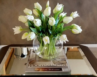 Large White Real Touch Tulips Centerpiece-White Tulips Spring Table Arrangement-Real Touch Tulips-White Spring Tulips Table Centerpiece