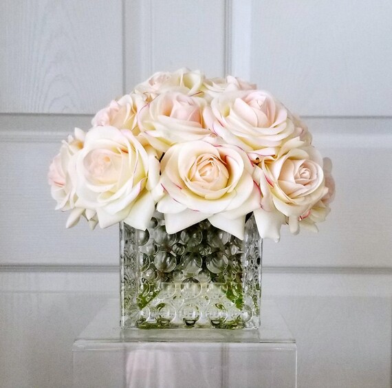 18 Roses Real Touch Flowers Arrangement-Milk/Pink Real Touch Roses in Glass  Container-Silk Flowers for Home Decor-Roses Centerpiece