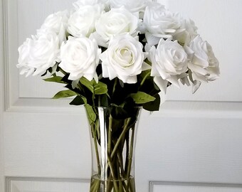 White Roses Arrangement-Fake Flowers Arrangement-Christmas Flower Arrangement-Real Touch Flowers Centerpiece-Christmas White Decor