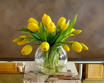 Yellow Real Touch Flowers Centerpiece-Tulips Spring Table Arrangement-Yellow Real Touch Tulips-Yellow Tulips Table Centerpiece-Spring Tulips