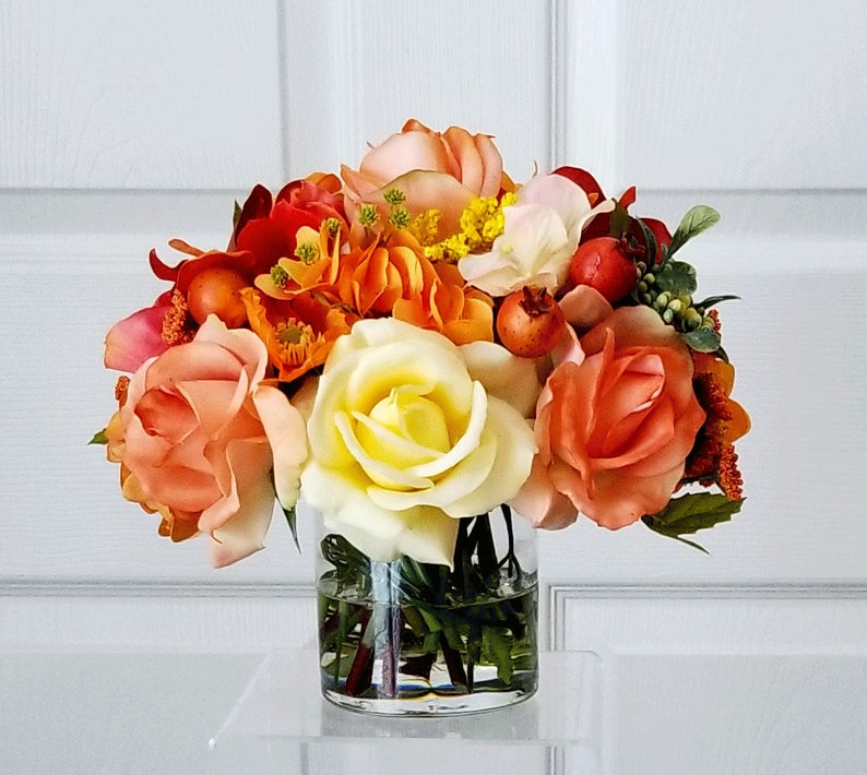 Fall Silk Flowers Centerpiece-Artificial Flowers-Thanksgiving Flowers Centerpiece-Faux Autumn Arrangement-Orange/Yellow Flowers Centerpiece image 1