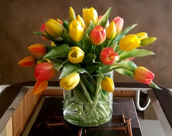 Centro de mesa con flores naranjas y amarillas de tacto real - Arreglo de mesa primaveral con tulipanes - Tulipanes naranjas de tacto real - Centro de mesa con tulipanes amarillos