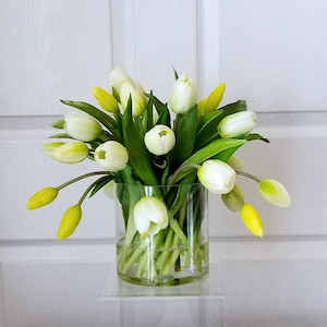 White Real Touch Flowers Centerpiece-White Tulips Spring Table Arrangement-Real Touch Tulips-White Tulips Table Centerpiece-Spring Tulips