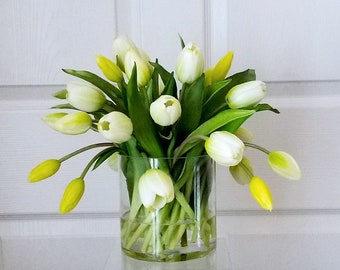 White Real Touch Flowers Centerpiece-White Tulips Spring Table Arrangement-Real Touch Tulips-White Tulips Table Centerpiece-Spring Tulips
