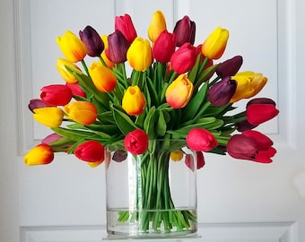 Real Touch Flowers Centerpiece-Mother's Day Faux Floral Arrangement-Arrangement-Silk faux arrangement-Pink tulips-Real Touch Tulips
