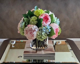 Real Touch Pink Peony Arrangement: Silk Hydrangea Centerpiece